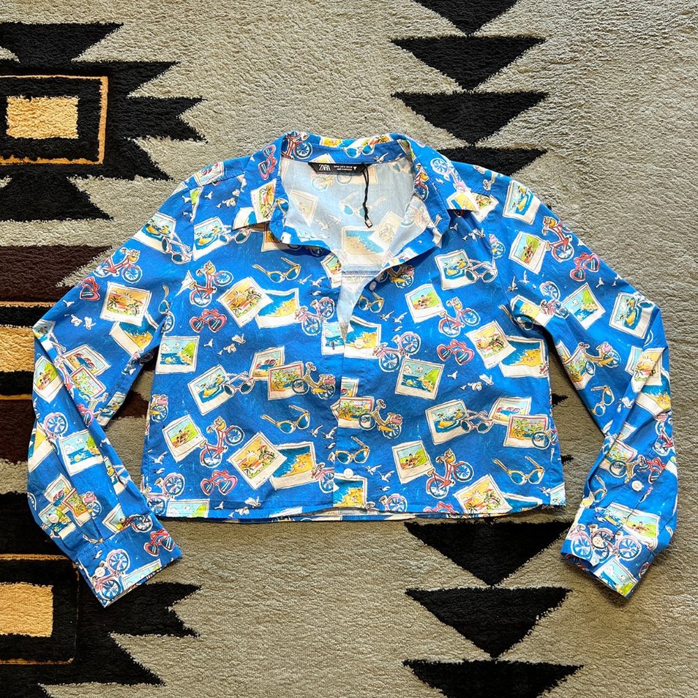👉Really Fun ZARA Vacation Print Cropped Button Up with attached Bralette 🏝️